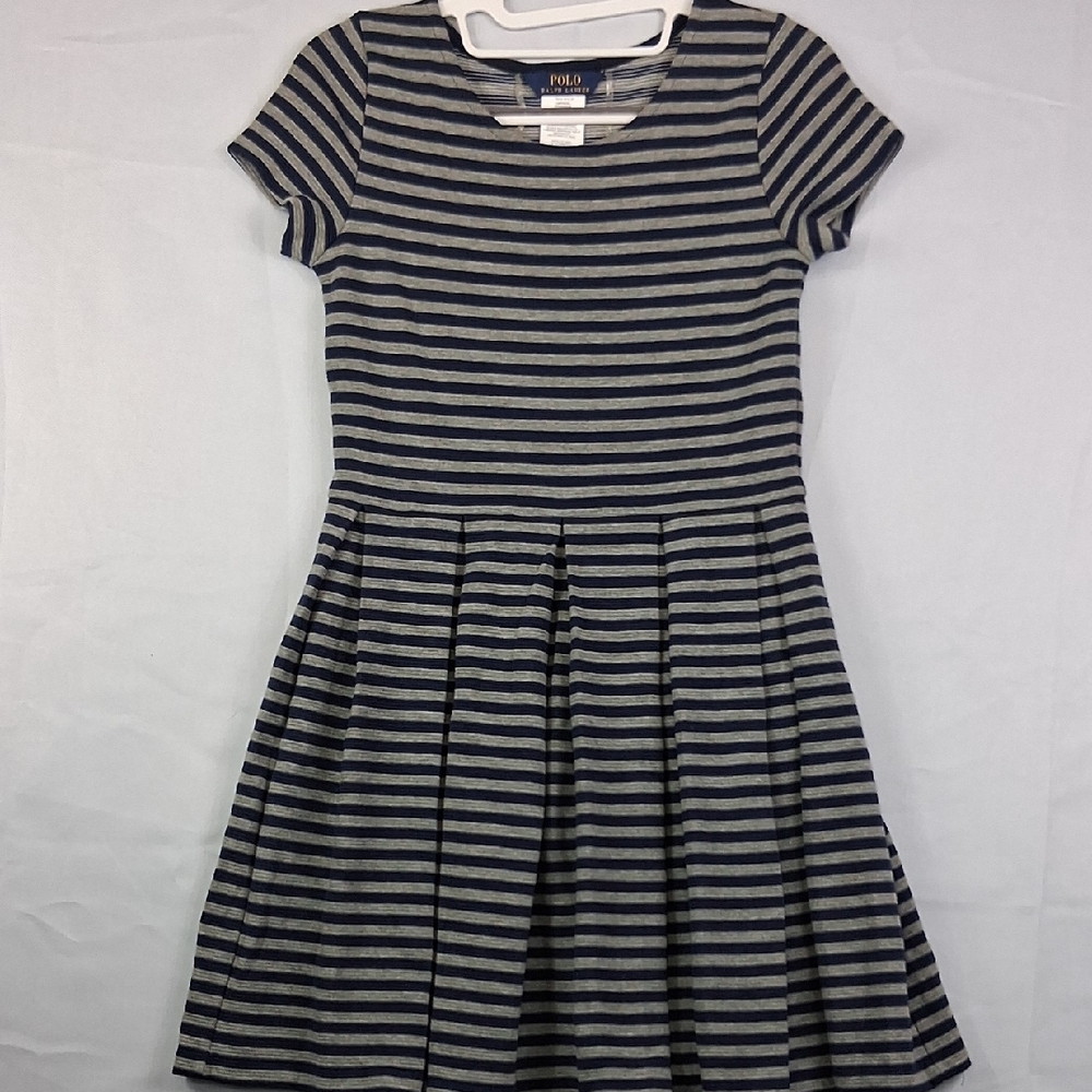 Polo Ralph Lauren Girls 12-14 Striped Pleated-Skirt Summer Dress, Navy/Gray